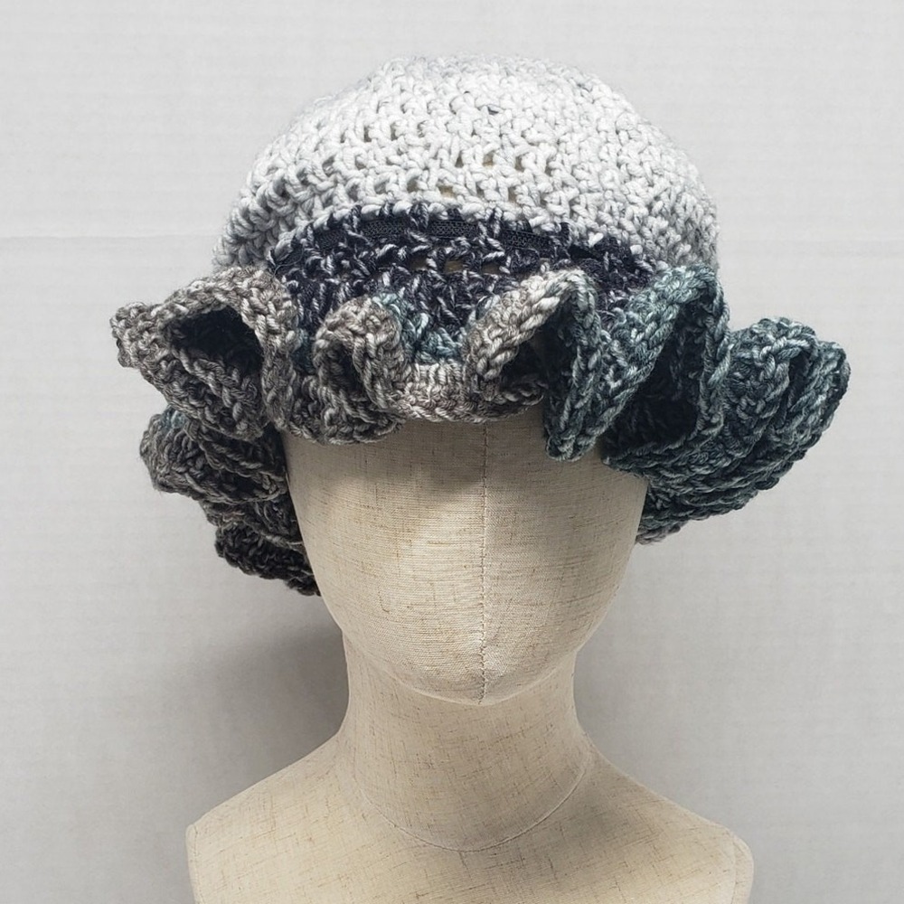 Handmade Crochet Ruffle Hat Gray Bucket Slouchy Beanie Bohemian Festival Shabby